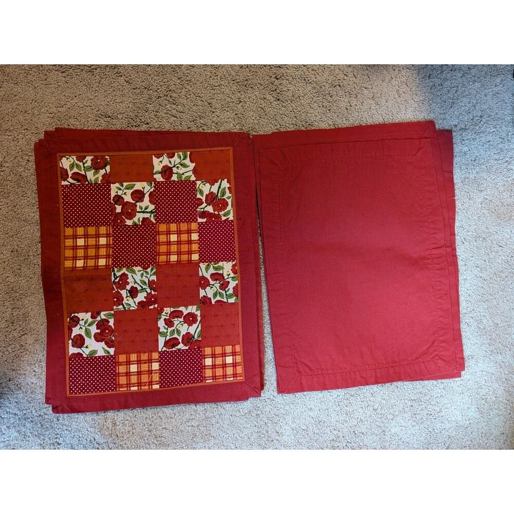 Red Patchwork Quilted Placemats Floral Polka Dot Plaid Set Of 8 14